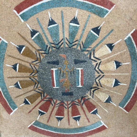 Navajo Sand Painting With Geometric Design In Wooden Frame - Picture 2 of 11